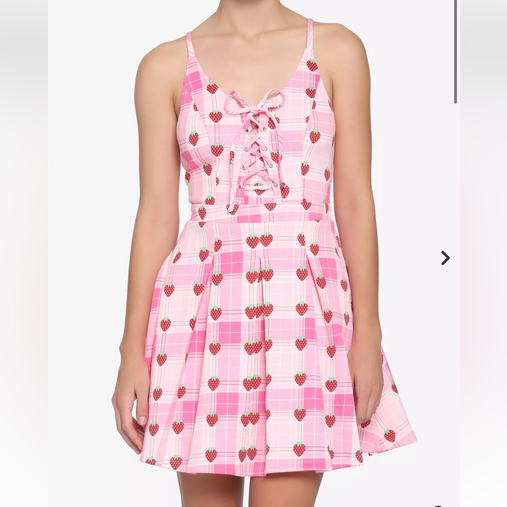 Pink red Strawberry Plaid Lace-Up Dress 0 plus size